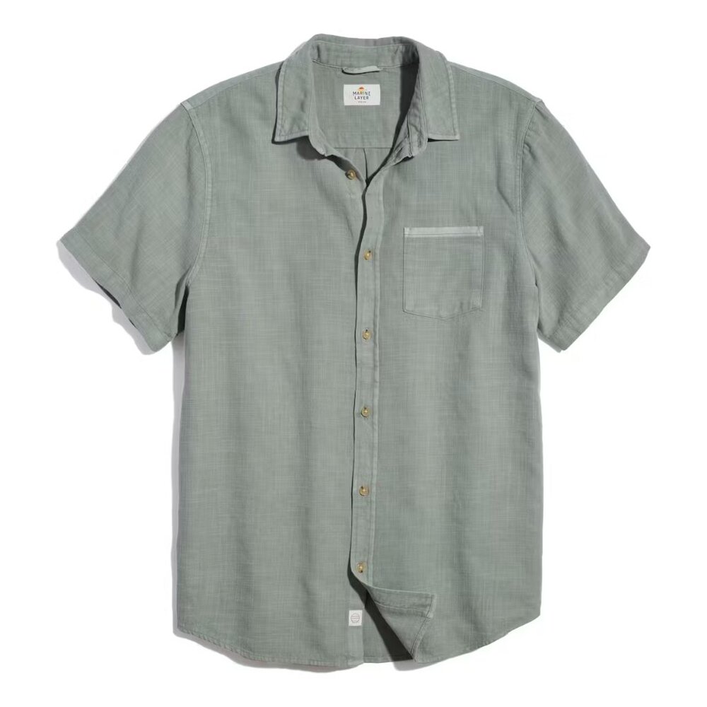 New Marine Layer Men Selvage Cotton Faded Olive Short Sleeve Shirt Szie S